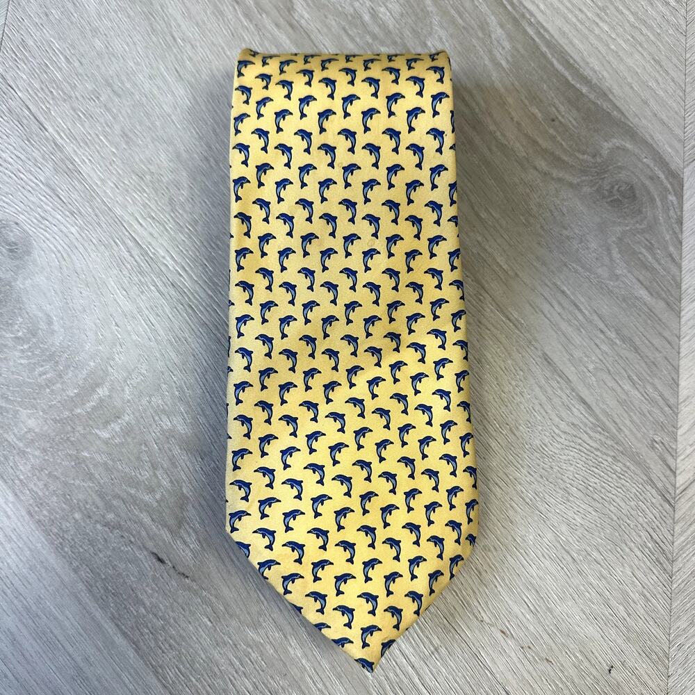 Via Condotti Silk Dolphin Tie Roma Italy 100% Silk Yellow Blue